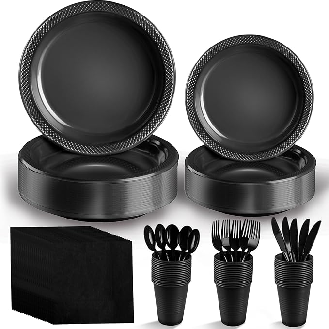 Black Plastic Plates, 25 Guest Disposable Dinnerware Set for New Year, Black Party Supplies, Includes 25 Dinner Plates, 25 Dessert plates, 25 plastic Cutlery, 25 Napkins and 25 12 oz Cups