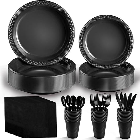 Black Plastic Plates, 25 Guest Disposable Dinnerware Set for New Year, Black Party Supplies, Includes 25 Dinner Plates, 25 Dessert plates, 25 plastic Cutlery, 25 Napkins and 25 12 oz Cups