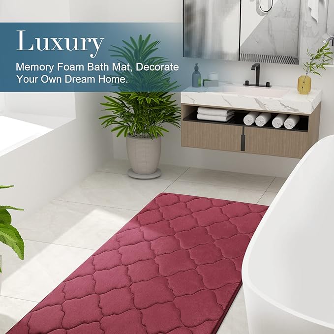 OLANLY Memory Foam Bath Mat Rug 47x24, Ultra Soft and Absorbent Bathroom Rugs, Non-Slip, Comfortable, Machine Washable Bath Carpet for Bathroom Floor, Tub, Shower and Home Decor Accessories, Burgundy