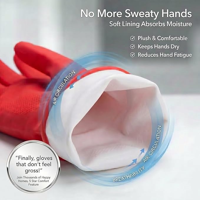 ForPro Natural Rubber Cleaning Gloves, 6 Pairs Reusable Dishwashing Gloves with Soft Inner Lining, Non-Slip Waterproof Kitchen Gloves, Chemical-Resistant, Extended Cuff, Multi-Color, Large
