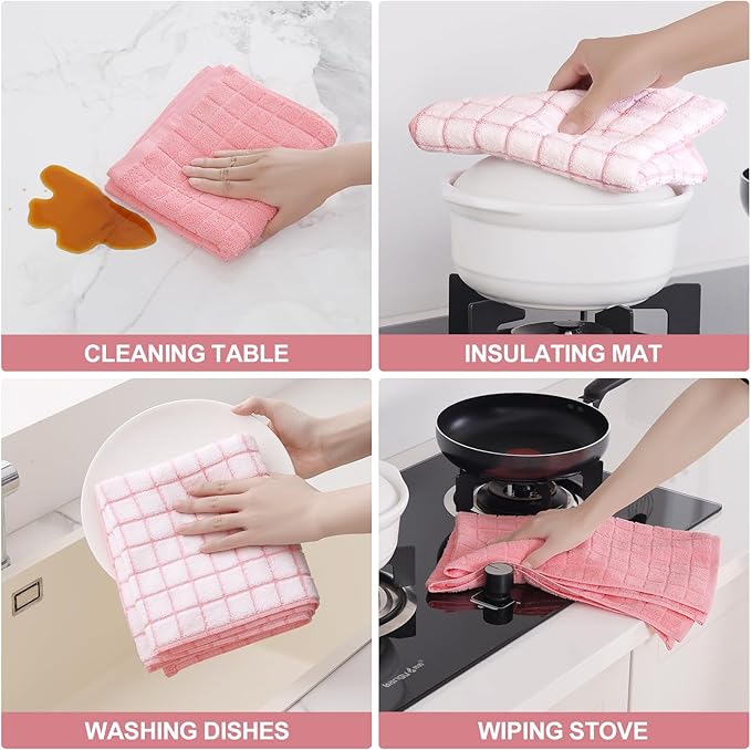 Homaxy Premium Cotton Kitchen Towels 16"x 28", Large Natural Ring Spun 390 GSM Dish Towels, Super Absorbent Terry Kitchen Hand Towels, Soft Tea Towels with Hanging Loop, Pink Check Design, 4 Pack