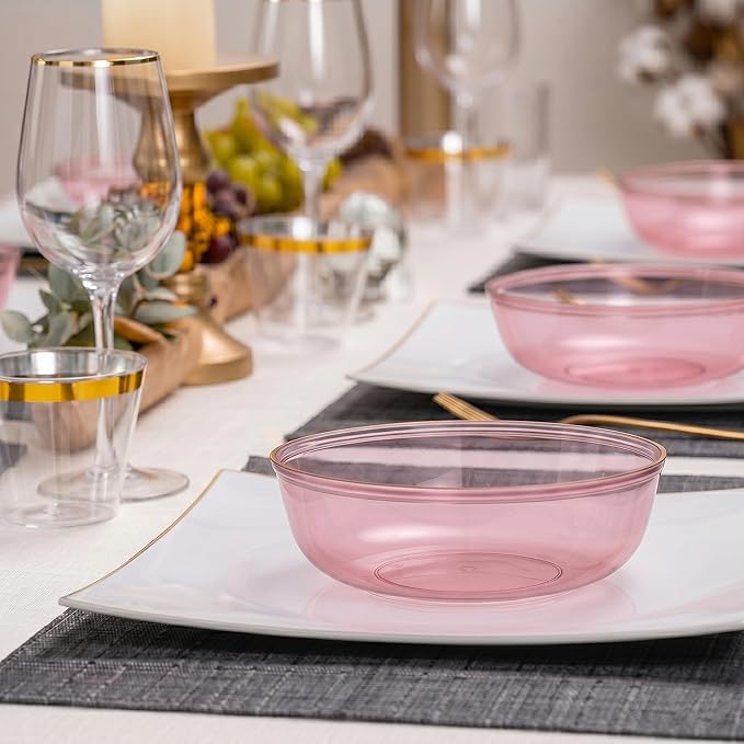 PLASTICPRO Plastic Party Plates Edge Collection Premium heavyweight Elegant Disposable Tableware Dishes (Translucent Pink With Gold Rim, 16 OZ BOWLS)