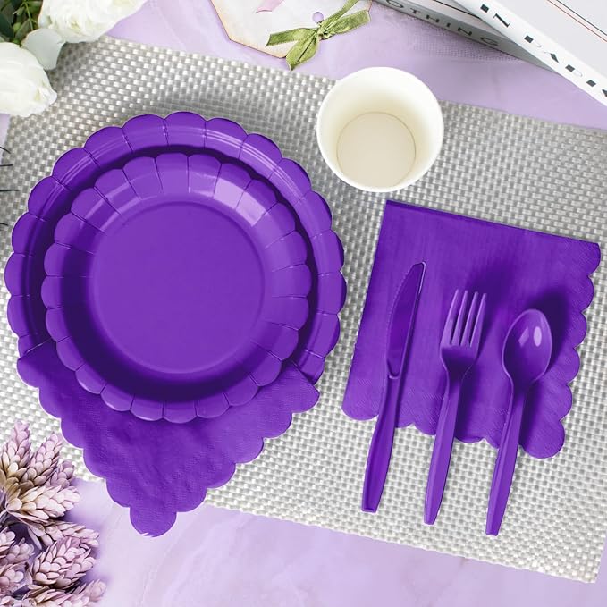 Vyntra 350 Pcs Deep Purple Disposable Paper Plates and Napkins Set for 50, 9" Dinner Plates & 7" Dessert Plates, Tableware for Birthday, Graduation, Party