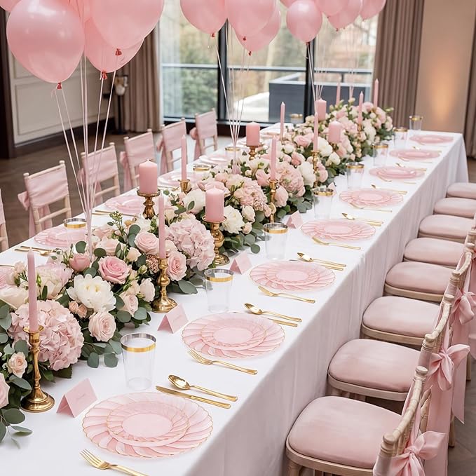 YOUBET 125Pieces Clear Pink Plastic Plates with Gold Rim - Gold Plastic Silverware Include 25 Dinner Plates 25 Dessert Plates 75 Golden Silverwares for Wedding Birthday & Parties Easter Mothers Day