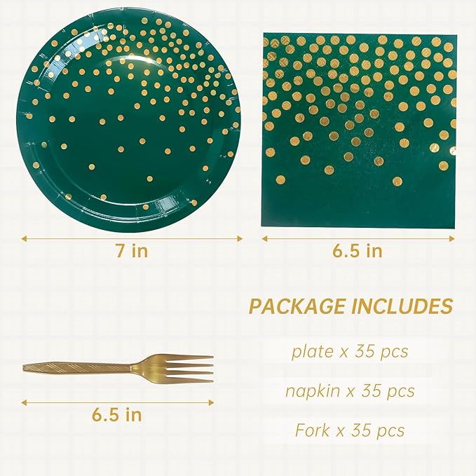 Green Paper Plates and Napkins Party Supplies,Serve 35 Guests 7 Inch Dark Green and Gold Party Plates and Napkins for Wedding Graduation