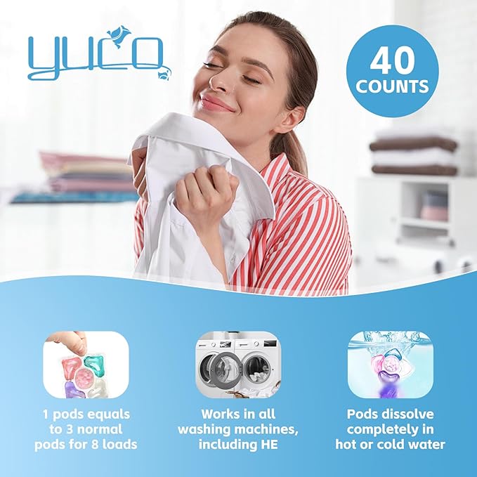 YUCO Pods Laundry Detergent Hypoallergenic,Powerful 5IN1 Detergent Pod,Scent Beads New Formula,Helps to Keep Garment Fresh Clean,Soft and Fragrant (Floral Ocean,1 Box of 40 Pod,Net 8g/pod,Net 320g)