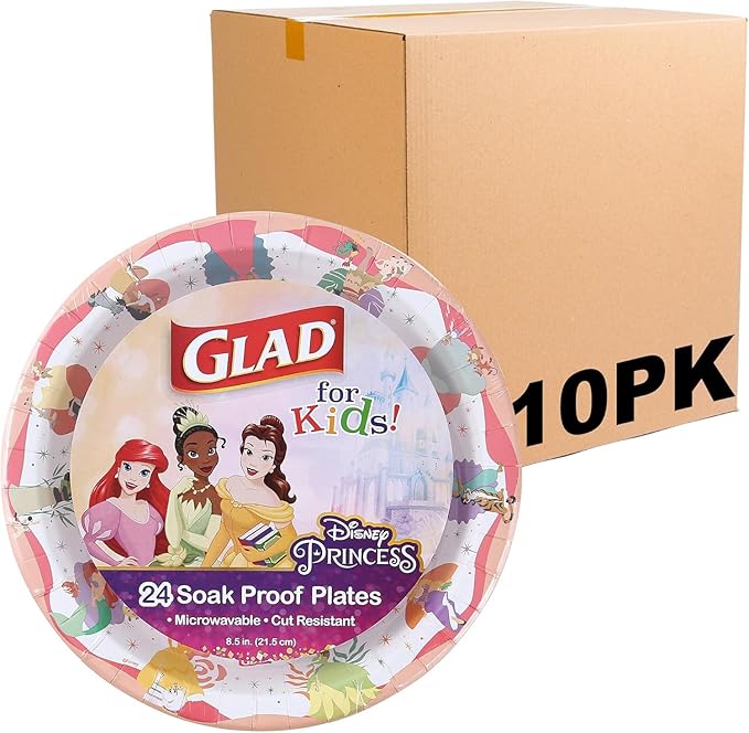 Glad for Kids Disney Princess Disposable Paper Plates, Magic is in All of Us - Heavy Duty, Soak Proof, Microwavable, Kid-Friendly Snack Plates for Everyday Use, 8.5 Inch, 24 Count - 10 Pack