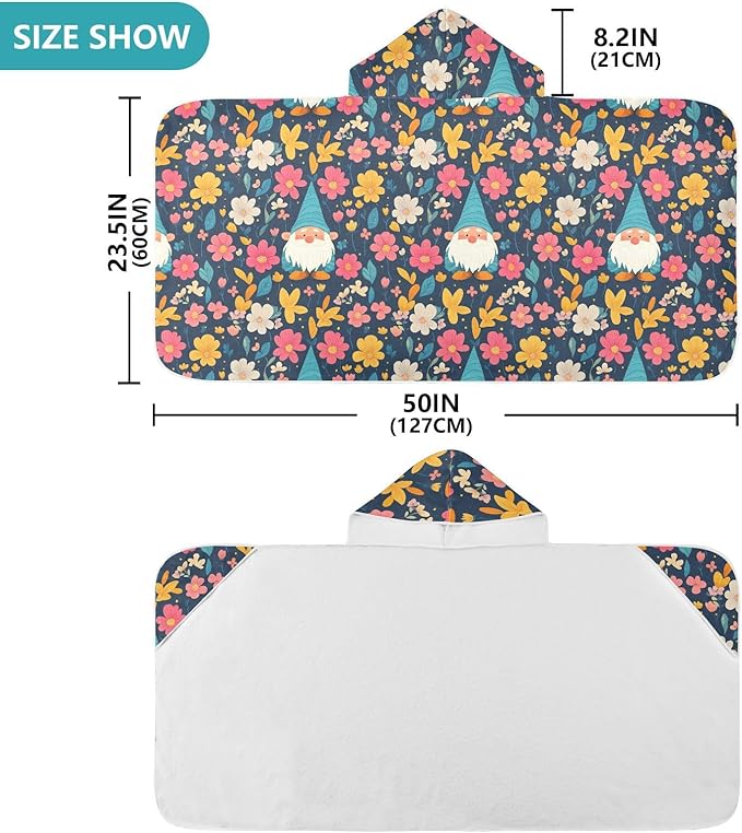 Kids Beach Towels Cartoon Cute Gnome Flowers Black Hooded Beach Bath Towel Lightweight Toddler Towels
