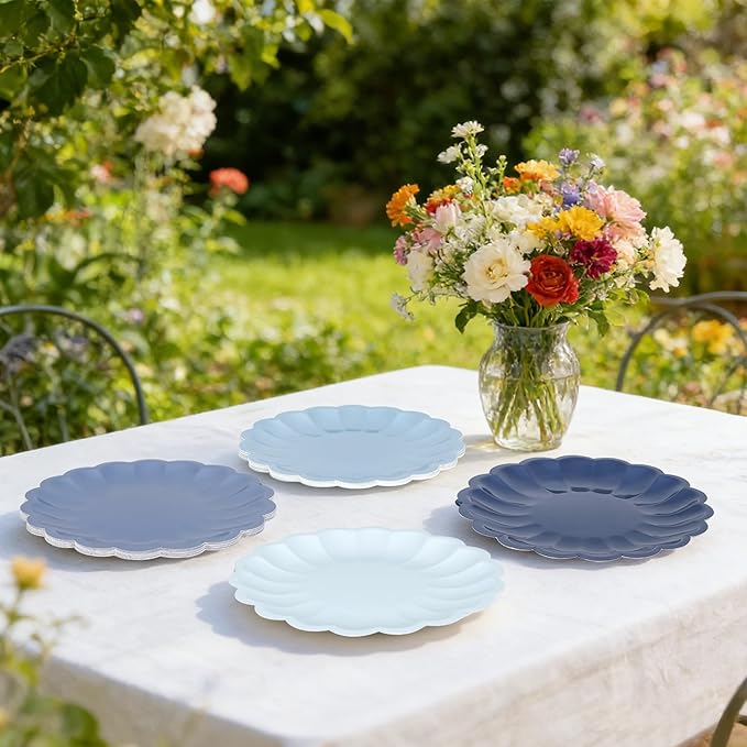AimFun 48 Pcs Dusty Blue Paper Plates 7.5 Inch Scalloped Disposable Plates Gradient Blue Dessert Plates for Birthday Wedding Baby Shower Bridal Bachelorette Party Supplies Table Decor