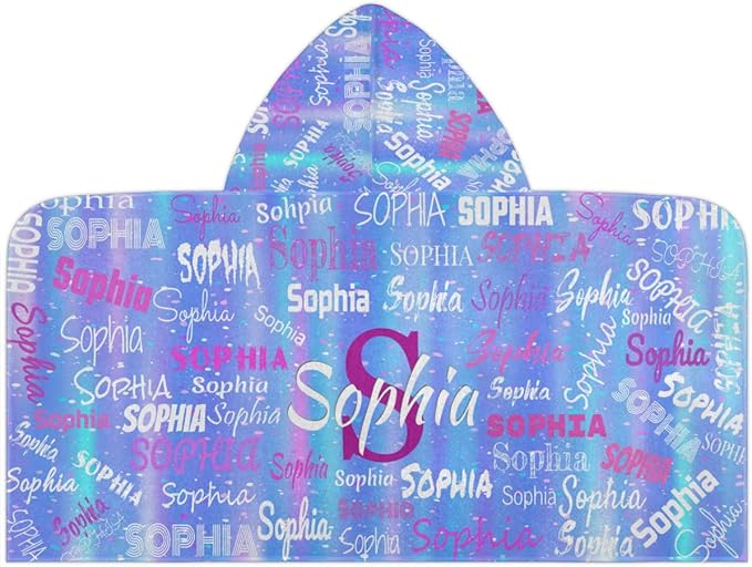 Personalized Hooded Towel Kids Beach Towels Name Custom Baby Toddlers Cotton Wrap Changing Robe for Shower Beach Trip Pool Bathrobe, Gradient Blue Color Romantic
