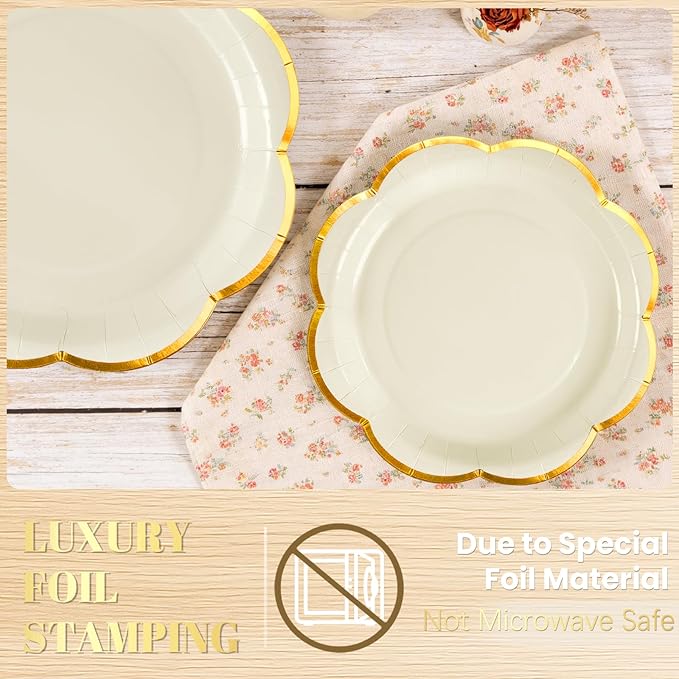 OuMuaMua 168Pcs White Paper Plates and Napkins Party Supplies, White Scalloped Plates and Napkins with Gold Rim, Disposable Plates for Party Birthday Baby Shower Weddings Bridal Shower, Serves 24