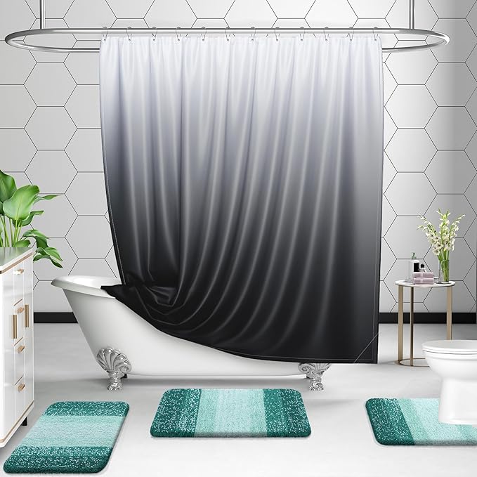 OLANLY Bathroom Rugs Sets 3 Piece, Soft Absorbent Microfiber Bath Mats and U-Shaped Contour Toilet Rug, Plush Shaggy Bath Mat Set for Bathroom (36"x24"+24"x16"+24"x20", Blackish Green)