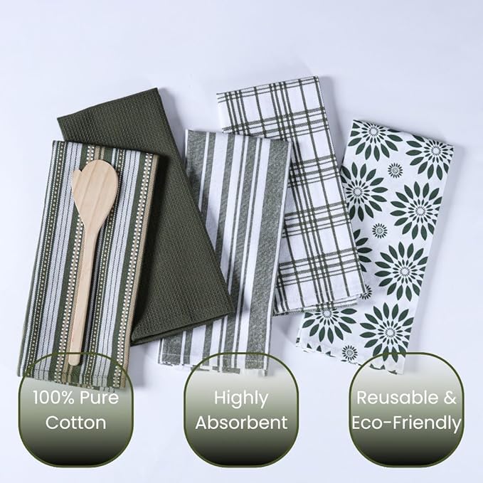 Assorted Kitchen Towels Large 16x26 inch 100% Cotton Set of 5 - Soft Absorbent Washable Tea Towel for Kitchen - Dish Cloths Towel with Hanging Loop - Quick Drying Dish Towels Green