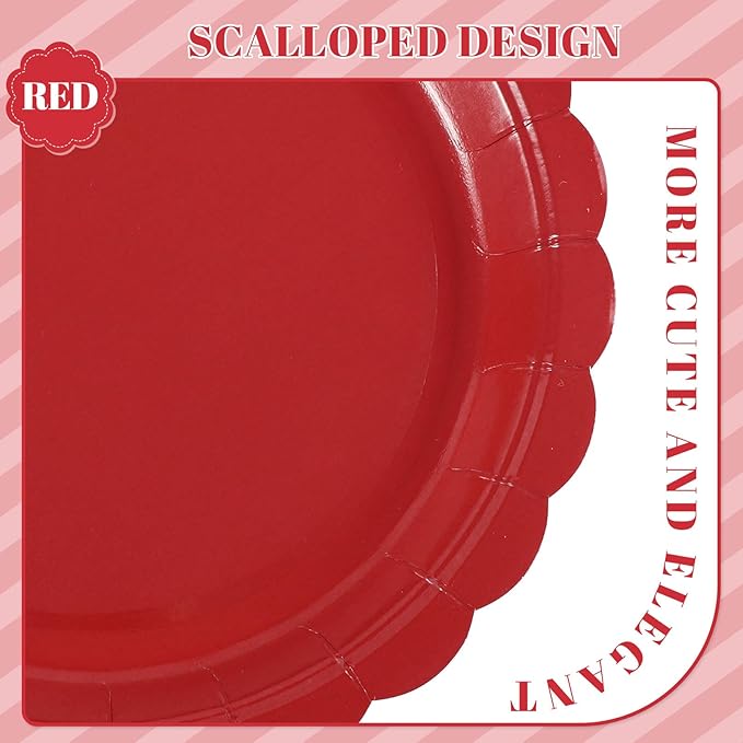 NatNarr 30 Pcs Red Paper Plates 9 Inch Scalloped Red Dessert Dinner Plates Cute Grad Party Plates for 2026 Graduation, Birthday, Picnic