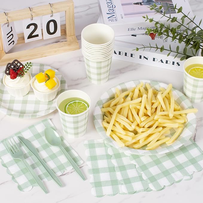 Vyntra 175 Pcs Sage Green & White Checkered Gingham Paper Plates and Napkins Set for 25, 9" Dinner Plates & 7" Dessert Plate, Bridal Shower Garden Party Birthday Party
