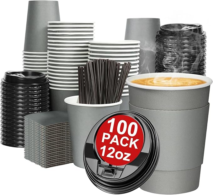Clawsoff 100 Pack 12 oz Disposable Paper Coffee Cups with Lids and Sleeves and Stirring Sticks, Leak-free Disposable Insulated Paper Cups for To Go Hot or Cold Beverages(Gray)