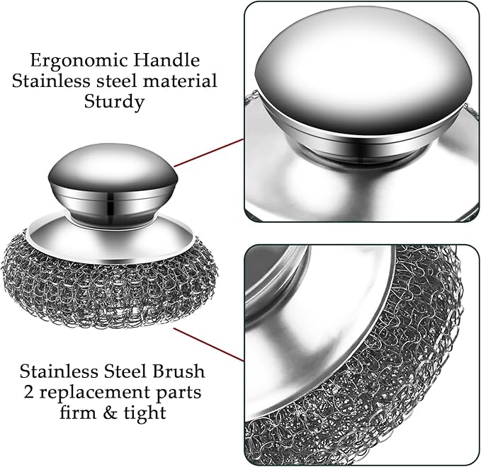 KTOJOY Stainless Steel Wool Scrubber Set, 6 Pieces with Handle, for Cleaning Dishes, Pots, Pans, Cast Iron