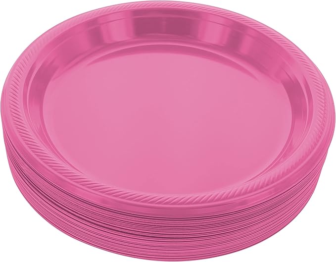 Amcrate Bright Pink Disposable Dinner Plates, 10.4 Inches, Strong & Sturdy for Party, Picnic, Travel - Pack of 50