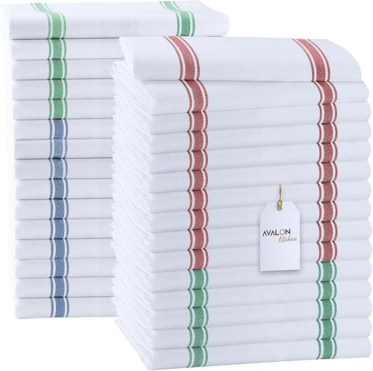 Avalon Kitchen Dish Towels Set (Value Pack of 30) Size 15x25 Inch, 100% Cotton Soft & Absorbent Kitchen Towels, Tea Towels, Reusable Cleaning Cloths for Household Cleaning (Multi)
