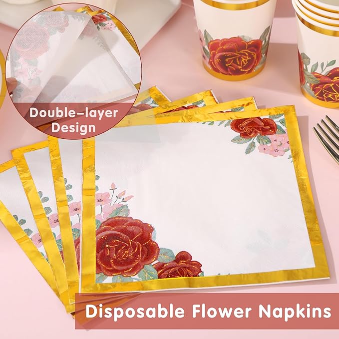 Floral Paper Plates Party Supplies 168PCS Bridal Shower Plates and Napkins Set Disposable Serve 24 Guests, Burgundy Flower Plates Disposable for Women Birthday Party Decorations