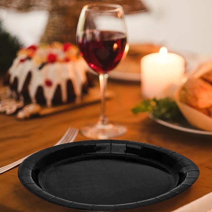 50 Pieces of Paper Plates, Round Black Party Plates Pack, Disposable 9 Inches Paper Dinner Plates, Everyday Use Plates for Daily Meals Picnic Camping Birthday Christmas Thanksgiving Supplies