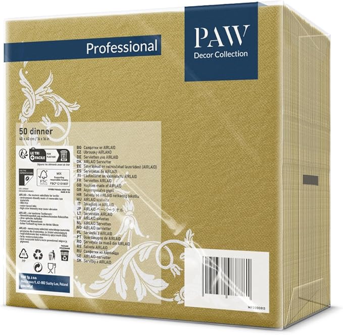 PAW - 50 Pieces Linen-Feel Paper Paper Napkins 16" x 16", Disposable Cloth-Like Napkins with Reverse Gold Design, Dinner Napkins for Party, Wedding, Christmas