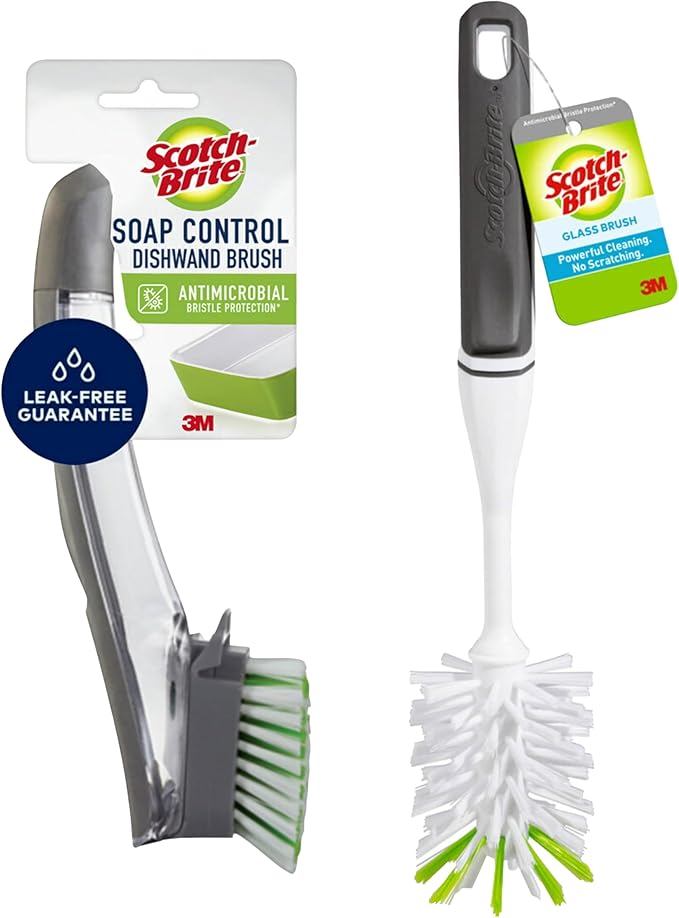 Scotch-Brite Kitchen Brush Kit - Glass and Water Bottle Brush & Advanced Soap Control Dishwand Brush - Scrub Brushes for Cleaning Kitchen and Washing Dishes