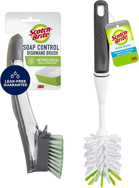 Scotch-Brite Kitchen Brush Kit - Glass and Water Bottle Brush & Advanced Soap Control Dishwand Brush - Scrub Brushes for Cleaning Kitchen and Washing Dishes