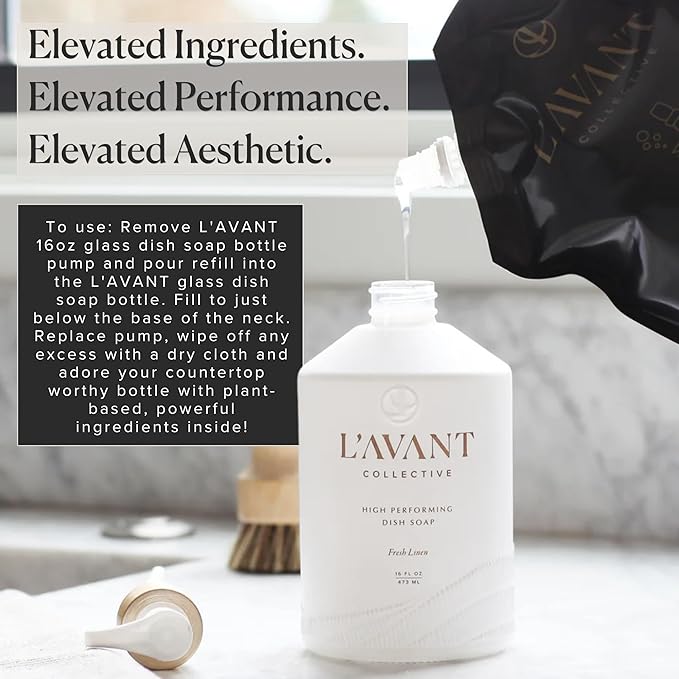 L'AVANT Collective Natural Luxury Dish Soap Refill | Plant-Based, Non-Toxic & Grease-Cutting, Refill for Glass Bottle, 32 Fl Oz | Fresh Linen