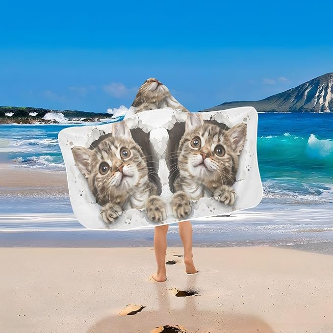 Hooded Towel for Kids Cat in Wall Beach Wrap Bath Towels 50x23.5in
