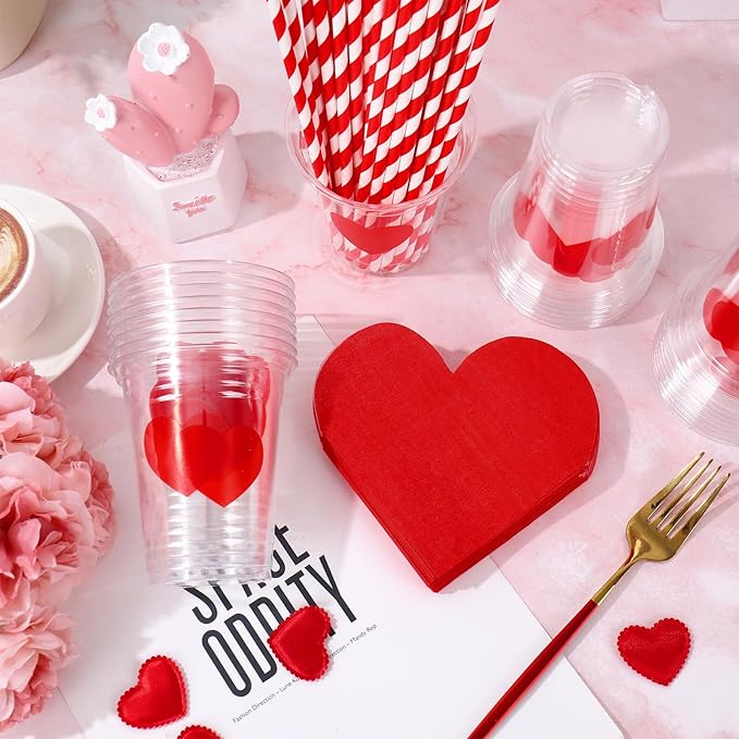 FYSUIMU Valentine' s Day Tableware Set Red Heart Shaped Paper Napkins 12Oz Disposable Plastic Cups with Lids and Straws for 50 Guests Wedding Anniversary Party Supplies Table Decor