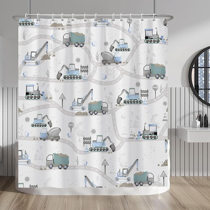 Excavator Kids Shower Curtain Sets Cartoon Construction Truck Tractor Car Bathroom Decor Fabric Polyester Waterproof 72x78 Inches with 12 Hooks for Boys Machinery Vehicle Bath Curtains