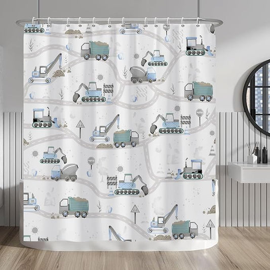Excavator Kids Shower Curtain Sets Cartoon Construction Truck Tractor Car Bathroom Decor Fabric Polyester Waterproof 72x78 Inches with 12 Hooks for Boys Machinery Vehicle Bath Curtains