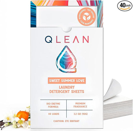 QLEAN Laundry Detergent Sheets Sweet Summer (40 Loads) – Travel-Size Plant-Based Laundry Sheets, Biodegradable, HE Compatible, Hypoallergenic for Sensitive Skin, Eco-Friendly Detergent Strips