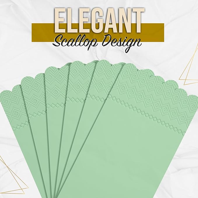 Party Solids Sage Green Scalloped Napkins Disposable 100 Pcs 3-Ply Sage Green Scalloped Dinner Napkins Disposable Decorative for Dinners & Parties, Paper Guest Towels for Bathroom & Party Supplies