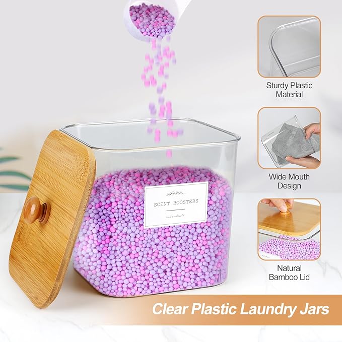COAZEX 3 Pack Plastic Laundry Pods Container & Dryer Sheet Holder, Laundry Room Organization and Storage Jars with Lids, Scoops & Labels for Detergent, Powder, Scent Booster