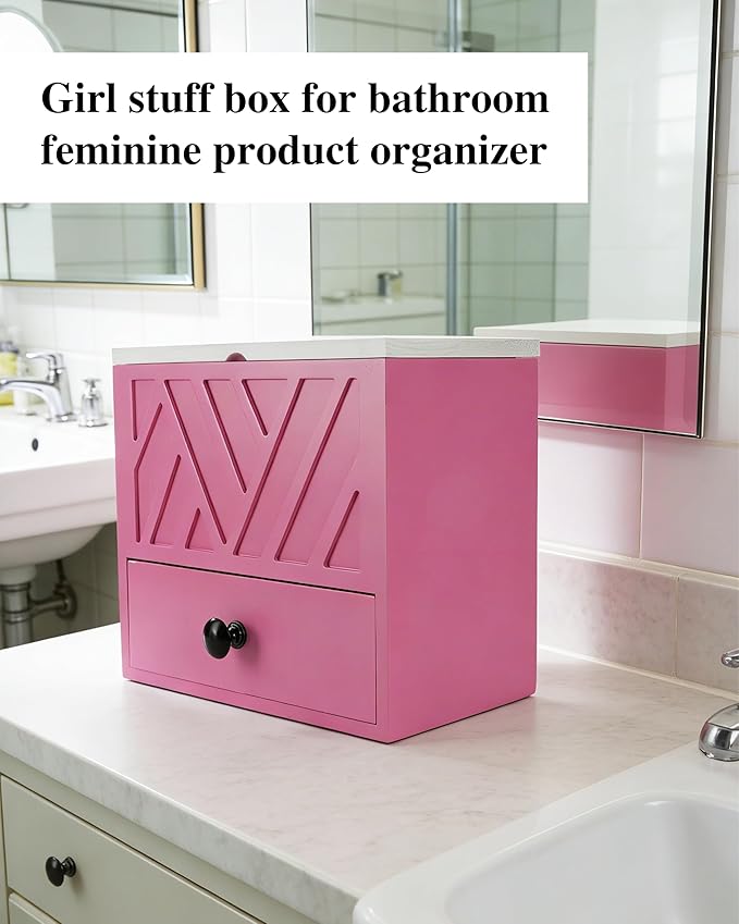 Tampon Holder for Bathroom Decor Feminine Product Organizer With Lid & Drawer Shark Week Box Girl Stuff (1, PINK)