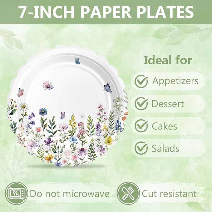 75 Wildflower Themed Plates and Napkins Disposable Set Includes 25 Dessert Cake Scalloped Plates, Cocktail Napkins & Forks, for Fork 25 Guests Holiday Party Supplies.