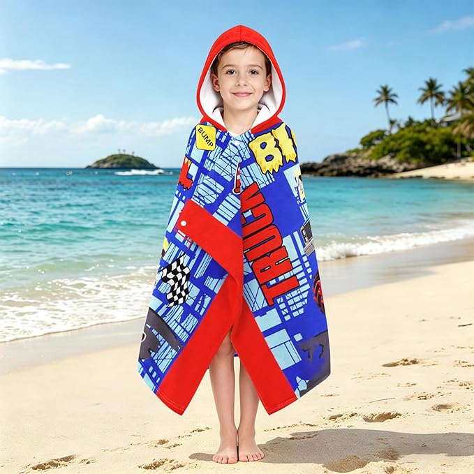 Hooded Towels for Kids - Superfine Fiber Monster Truck Toddler Hood Bath Towels Beach Hooded Poncho Absorbent Pool Toddler Swim Bath Wrap for Boys & Girls 3-10 Years Beach Essentials, 60*35 inches