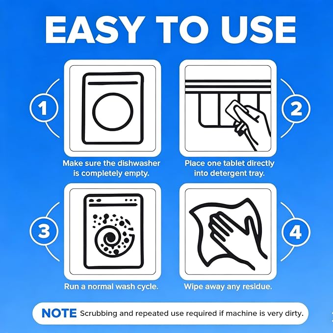 Heavy Duty Dishwasher Cleaner & Deodorizer Tablets, Descaler, Deep Cleaning, Natural Odor & Smell Remover, Calcium, Limescale, Hard Water Marks, Grease, Septic Safe Pods (12 Tabs 1 Yr Supply)