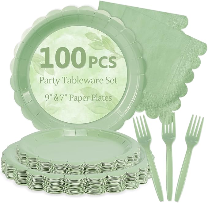Mulbozy 100 Sage Green Paper Plates and Napkins Disposable Set Includes 25-9" & 25-7" Dessert Cake Scalloped Plates, Cocktail Napkins, Forks for for Holiday Party Supplies