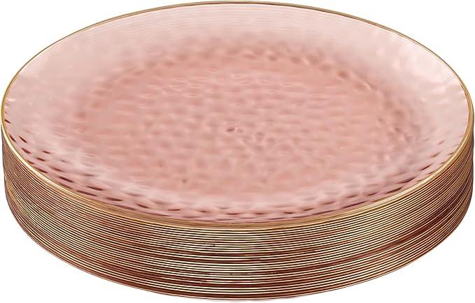 PLASTICPRO 30 Pack Hammered Plastic Plates Heavyweight Disposable Plastic Plates Elegant Rose Color with Gold Rim Platsic Party Dishes (Hammered Rose With Gold Rim, 9'' INCH PLATES)