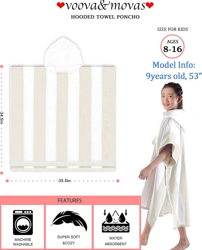 VOOVA & MOVAS Hooded Poncho Towel for Teens Unisex 100% Cotton Minimalist Versatile Beach Camping Bath Cover Up Beige White Bold Stripe