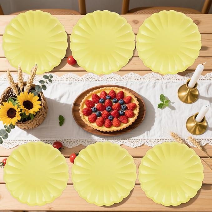 50Pcs Large Scalloped Yellow Paper Plates 9Inch Shell Edge Dinner Plates for Cake Salad Fruit Disposable Dinner Serving Plates for Birthday Wedding Baby Shower Party Decorations