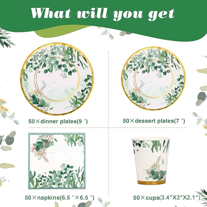 Sage Green Party Decorations, Sage Green Plates and Napkins, Baby Shower Plates and Cups and Napkins Sets 200 Pcs, Eucalyptus Bridal Shower Wedding Baptism Birthday, Serves 50