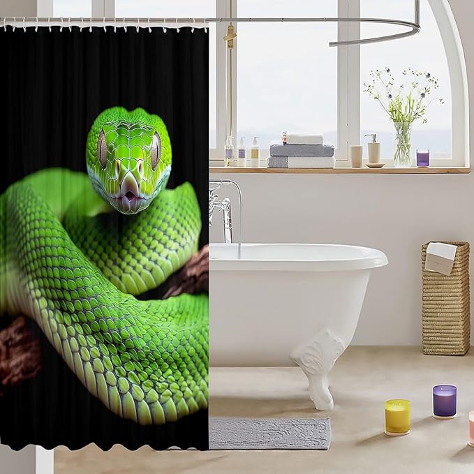 Snake Bathroom Curtain Serpentine Little Dragon Bath Curtain,Exotic Tribe Tropical Desert Wildlife Shower Curtain Set 72" Wx84 L,Green Snake Hide Wild Animal Reptile Bathroom Decor