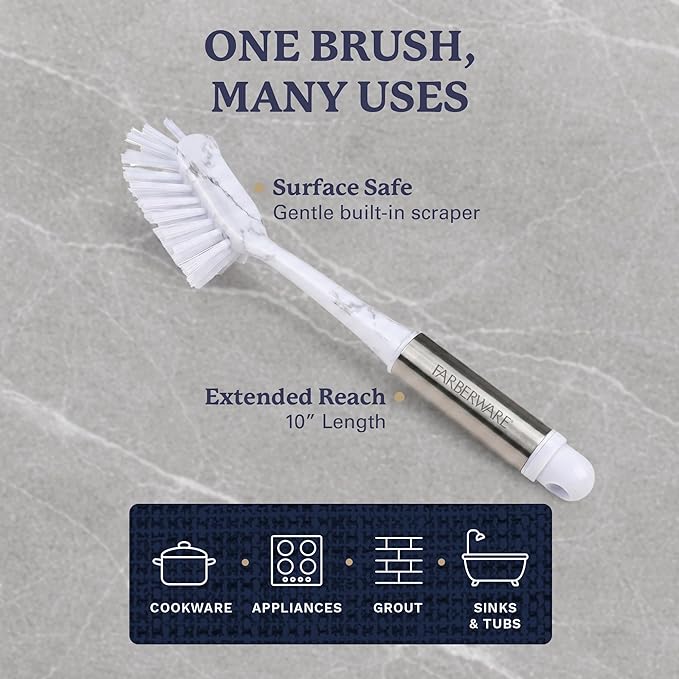 Farberware Dish Brush with Handle – 2 Pack Kitchen Scrub Brush for Dishes, Non-Scratch Dishwashing Brush Set with Firm Bristles for Pots, Pans, & Sink, Long Handles for Everyday Cleaning