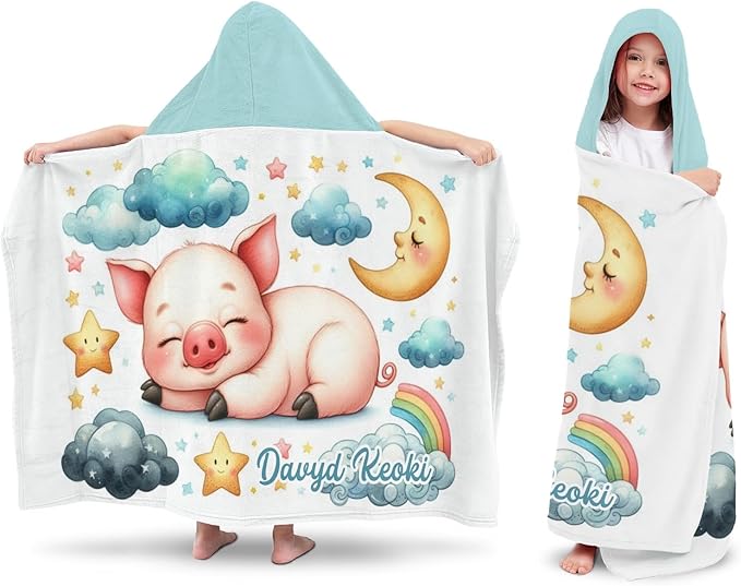 Pig on Clouds Personalized Kids Hooded Towel with Name Soft Absorbent Beach Pool Bath Towels Hood Poncho for Boys Girls