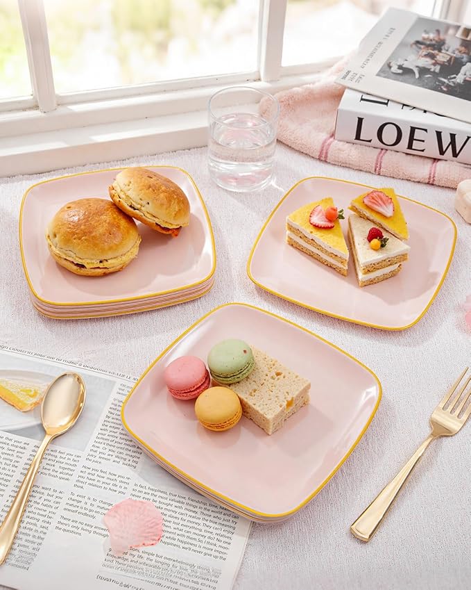 bUCLA 100PCS Pink Plastic Plates - Heavy Duty Square Pink and Gold Disposable - Include 50 Dinner 10 inch & 50 Dessert 7.25 inch Plates for Party & Weeding