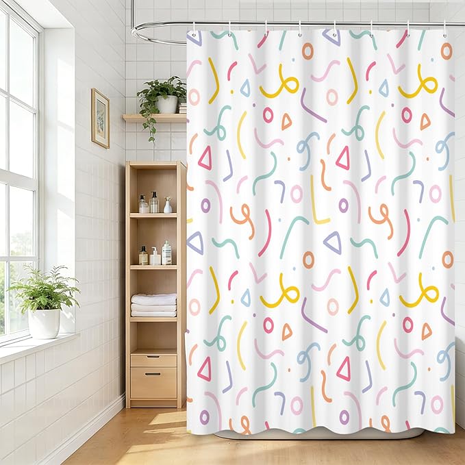 Cute Colorful Doodle Shower Curtains Playful Confetti Shower Curtain Decorative for Bathroom Pastel Waterproof Fabric Bathroom Decorations with Hooks 48x72 Inches